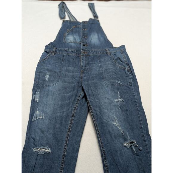 FOREVER 21 Bib Overalls Sz 28 Button Up Blue‎ Medium Wash Denim Distressed Y2k - Picture 1 of 14